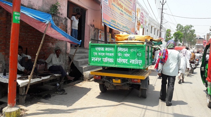 municipality vehicles engaged in cleaning work joint with gps in ghazipur