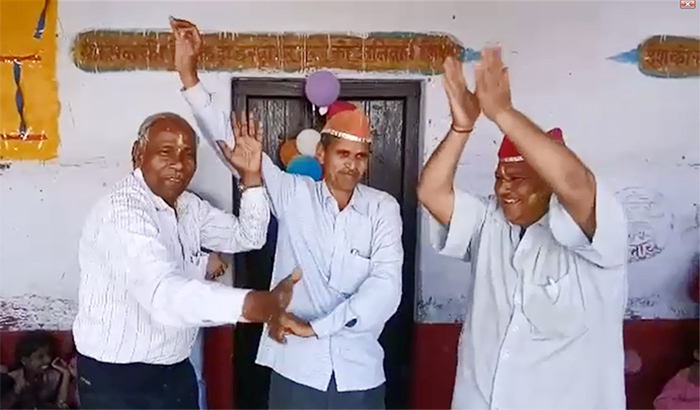 Teachers dance on Holi milan samaroh at school in Agra