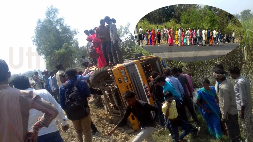 sitapur: bus filled with pilgrims fall down into ditch no passenger injured