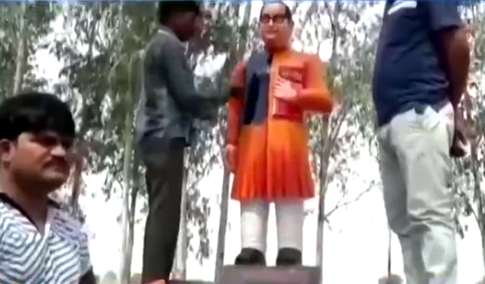 Statue of Baba Saheb transformed from Saffron to blue again