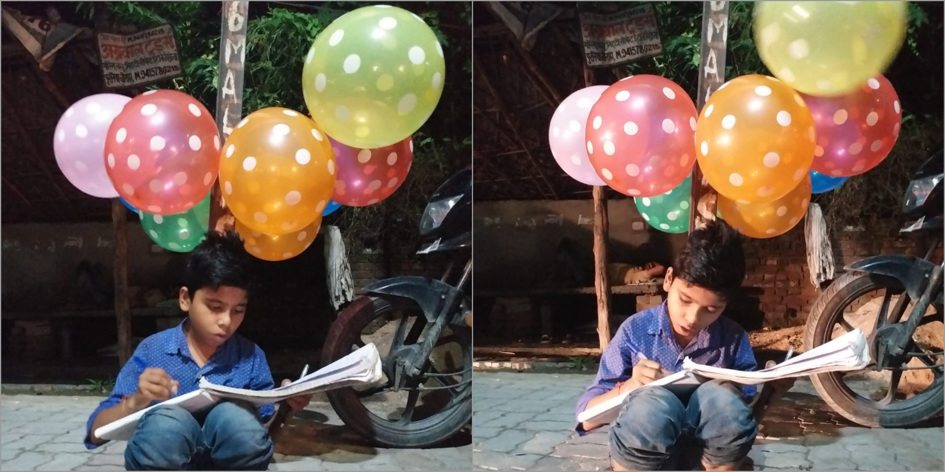 boy sell balloon and study on night at roadside street light