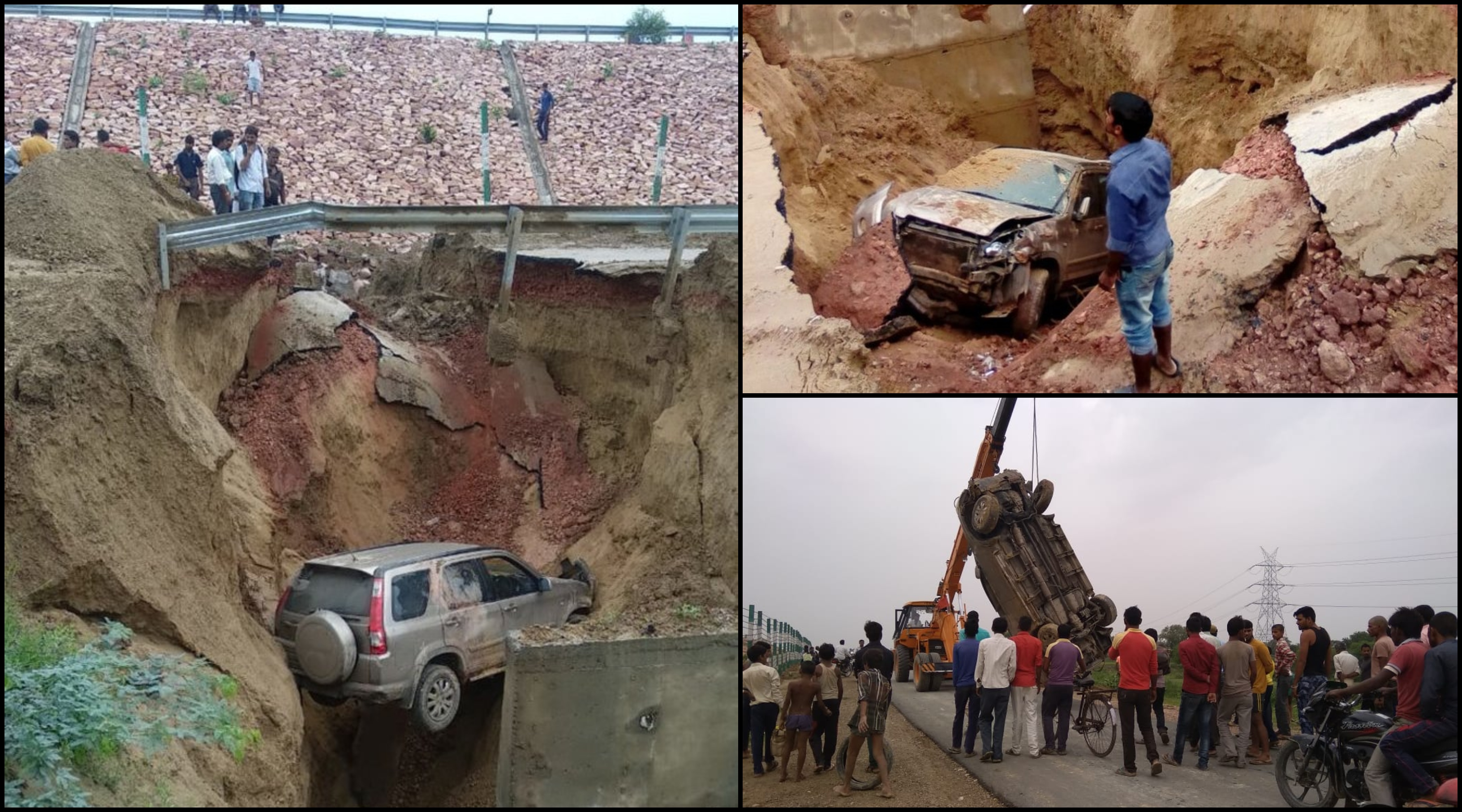 lucknow agra-expressway-service-road-car-deep-ditch at-50-feet