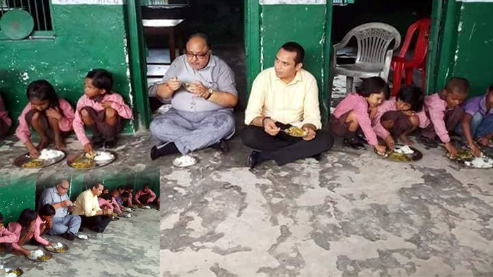 DM Rajshekhar CDO Eat Mid Day Meal on ground with children